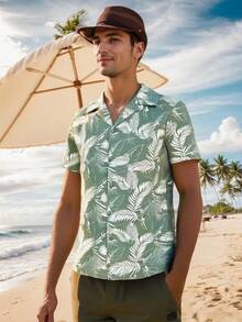 Men's Hawaiian Shirt Short Sleeves Printed Casual Button Down Funky Summer Tropical Holiday Beach Male Shirts - Leaf Light Blue - View 7