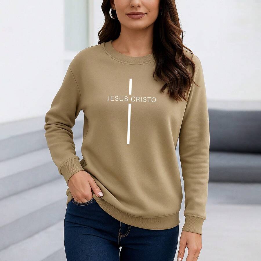 Women's Crew Neck Sweatshirt Plus Size Style Model: "Jesus Christ, Forming A Cross" - SPECIAL Launch 2025 - 卡其色 - 查看 1