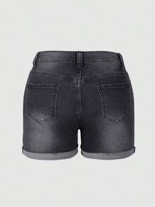 Women's Mid Waist Rolled Edge Ripped Jeans Denim Shorts, Beach Vacations Outfits For Women, Pride Outfits For Women, Fourth July Of Women, Club Outfits - Black - View 6