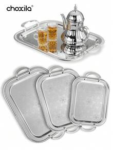 choxila 1 cái/3 cái Khay hoa văn bạc có tay cầm, Khay đựng thức ăn, Đĩa đựng thức ăn, Khay đựng đồ trang sức và mỹ phẩm, Trang trí góc cà phê, Dùng cho phòng ngủ, phòng khách, văn phòng, khách sạn, trà chiều, tiệc tại nhà, quà tặng ngày lễ - Bạc - Xem 1