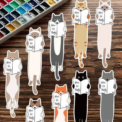 10pcs/15pcs/20pcs/25pcs/30pcs/35pcs/40pcs/60pcs/30pcs Cartoon Cat Reading Book Bookmarks, Minimalist Handmade Scrapbooking Supplies, Random Delivery