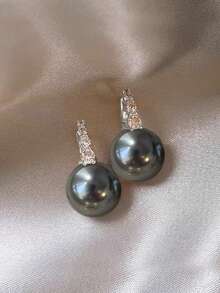 1 Pair Elegant Luxury Grey Faux Pearl Copper Micro Inlaid Cubic Zirconia Hoop Earrings, Suitable For Banquet And Daily Wear - Grey - View 5