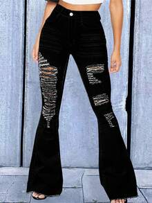 COMFYVOGUE Women Bell Bottom Jeans Elastic Waist Ripped Flared Jean Destroyed Raw Hem Denim Pants - màu đen - Xem 1