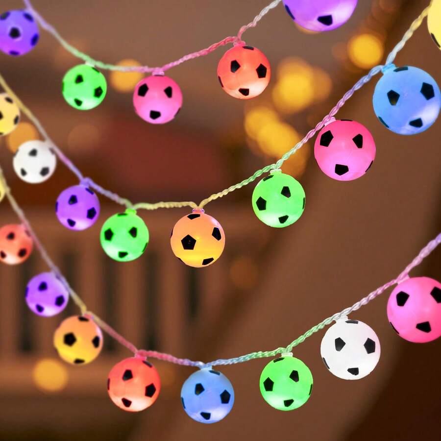1 pieza Luces en forma de balón de fútbol con 10/20 LED y 2/3 metros, a pilas, adecuado para dormitorio, sala de estar, fiesta, boda, hogar, jardín, camino, suministros para fiestas, decoraciones, chimenea [Baterías no incluidas] - Multicolor - Ver 1