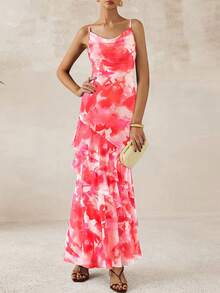Women's Long Dress Summer Ruffled Layered Floral Beach Sundress With Thin Straps Wedding Guest Dress - 粉底紅花色 - 查看 3