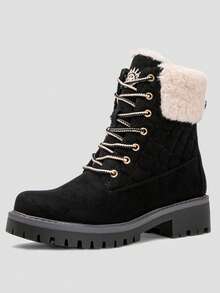 GLOBALWIN Women's Quilted Ankle Boots Fashion Combat Boots Lace Up Combat Boots Low Heel Warm Fur Ankle Booties For Women Cute Faux Fur Holiday Season Fall Winter Boots - Black - View 4