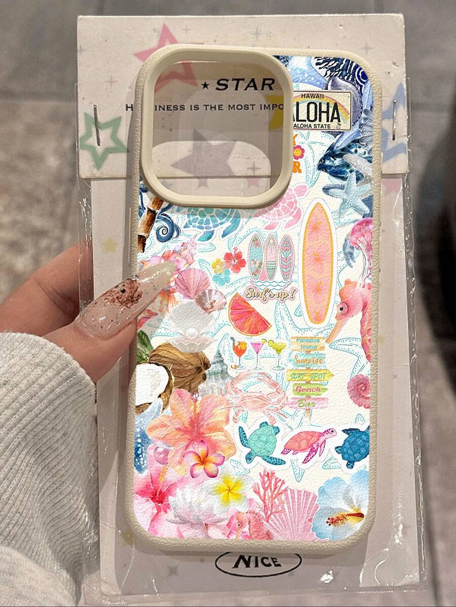 1 件时尚夏季海洋花卉冲浪板马赛克图案荔枝纹理防摔防滑软手机壳，适用于苹果和手机防水防震防刮 - 彩色 - 查看 1