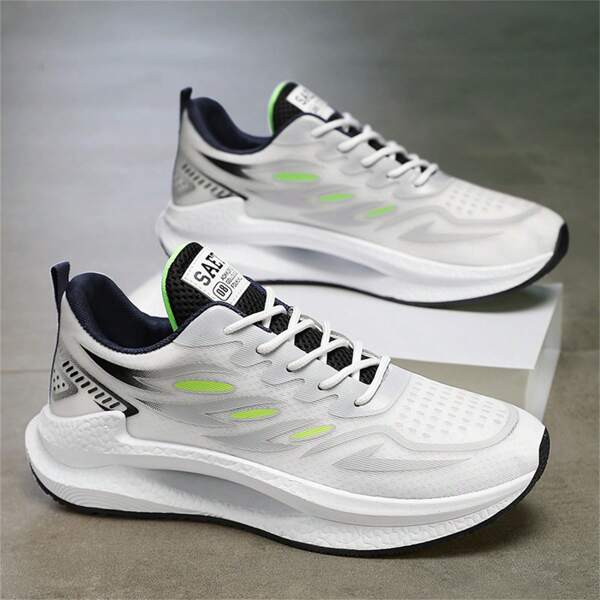 Men Breathable Casual Running Shoes - Lightweight Low-Top Sneakers With Fabric Upper And Cushioned EVA Insole, White And Neon Green Decor, Suitable For Outdoor Sports, Gym, Daily Wear - Comfortable For All Seasons