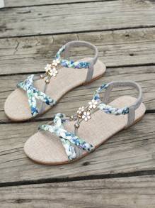 WRCVS Gray Women's Sandals, Summer Women's Flat Sandals, Retro Shoes, Handmade Beaded Sandals, Woven Strap Flat Shoes, Lightweight Anti-Slip Beach Vacation Floral Patterned Outdoor Sandals