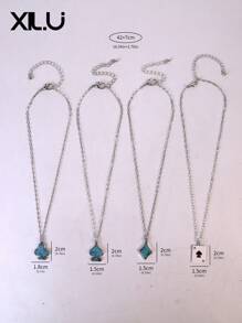 1pc Poker Card & Turquoise Enamel Pendant Necklace For Women, European & American Design