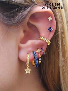 7 Stück/Set Ohrringe für Frauen, goldfarbene Ohrklemme mit Zirkonia, Ohrstecker, Creolen, Ohrringe für Frauen, Schmuckzubehör für den Strandurlaub - 7 Stück/Set (für 1 Seitenohr) - Übersicht 13