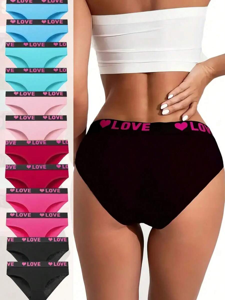 12 Pcs Cotton Women's Briefs, Comfortable And Breathable, Solid Color Letter Waist Design, Gathered Hip, Multi-Color Daily Options. - 12pcs - View 1