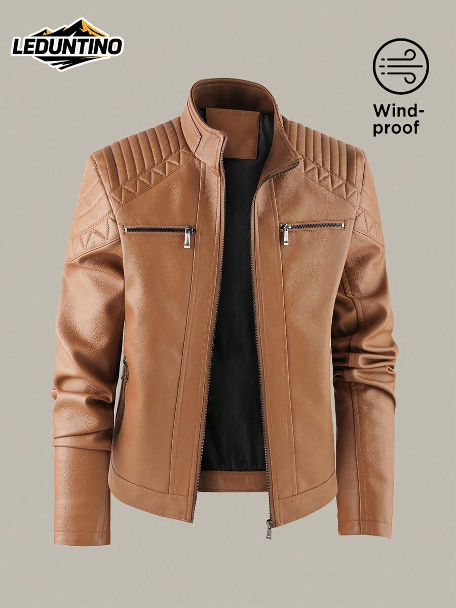 LEDUNTINO Men's Fashion Zipper Casual Outdoor Motorcycle Leather Jacket, Sports Style, Solid Color, Bomber Jacket, Men's Spring/Autumn Stand Collar, Motorcycle Windbreaker Leather Jacket, Versatile, Suitable For Outdoor Commuting, Ideal Gift For Boyfriend Or Husband, Thermal Lined, Winter Style - Brown - View 1
