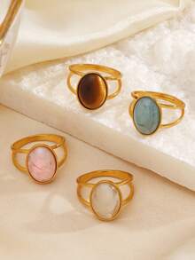 1 pieza Anillo ovalado abierto geométrico con incrustaciones de resina, de acero inoxidable y estilo minimalista, adecuado para uso diario y de fiesta de mujeres - Multicolor - Ver 5