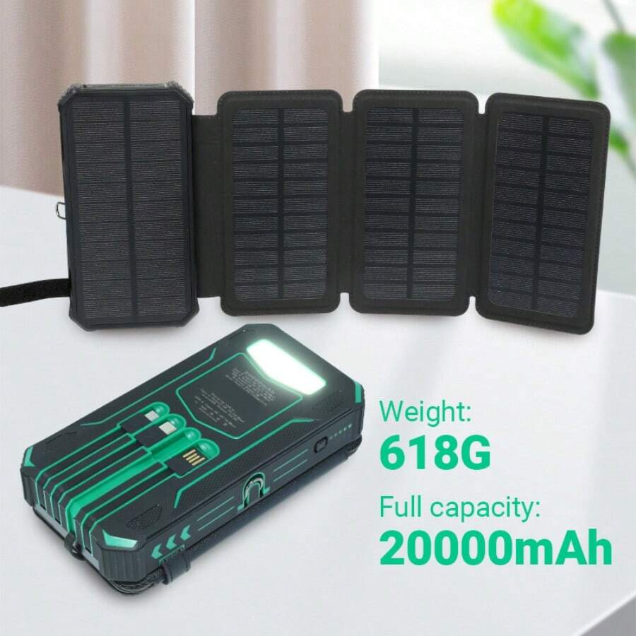 20000mAh Solar Power Bank , 4 Foldable Solar Panels Fast Charging External Battery USB C 4 Cables, Battery Charger For Mobile Phones Backup, Travel Airplane Friendly - 綠色 - 查看 1