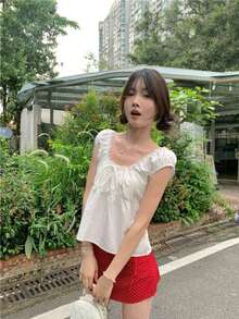 Sweet Heart Idol 全新夏季荷叶边蕾丝花边吊带背心衬衫 - 白色 - 查看 3