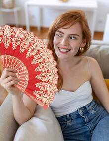 Handheld Chinese Folding Fan Hand Fans For Women Foldable Bulk For Party Wedding Church Dancing (Red) - Redwood - View 8