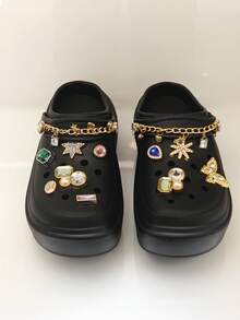 Revreal Black Platform Clogs with Colorful Rhinestone Charms and Chain可愛波西米亞Preppy學院度假時尚Casual休閒Outdoor戶外 - 黑色 - 查看 4