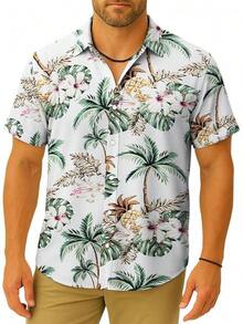 Floral Hawaiian Shirt For Men Summer Button Up Shirt Short Sleeve Mens Beach Tropical Casual Aloha Shirthalloween - 白鳳梨 - 查看 1