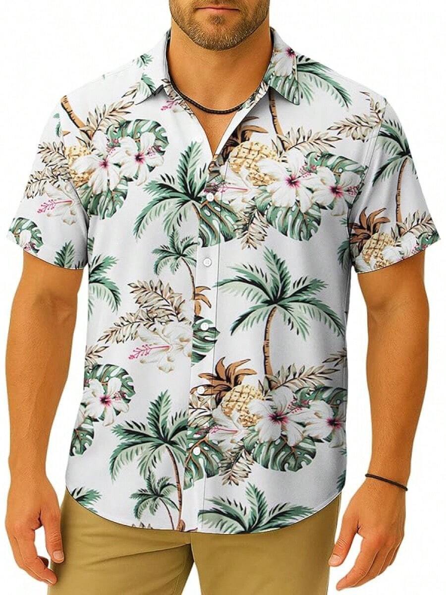 Floral Hawaiian Shirt For Men Summer Button Up Shirt Short Sleeve Mens Beach Tropical Casual Aloha Shirthalloween - 白鳳梨 - 查看 1