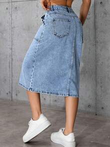 Falda midi elástica con botones delanteros de estilo elegante de moda para mujer - Lavado ligero - Ver 2