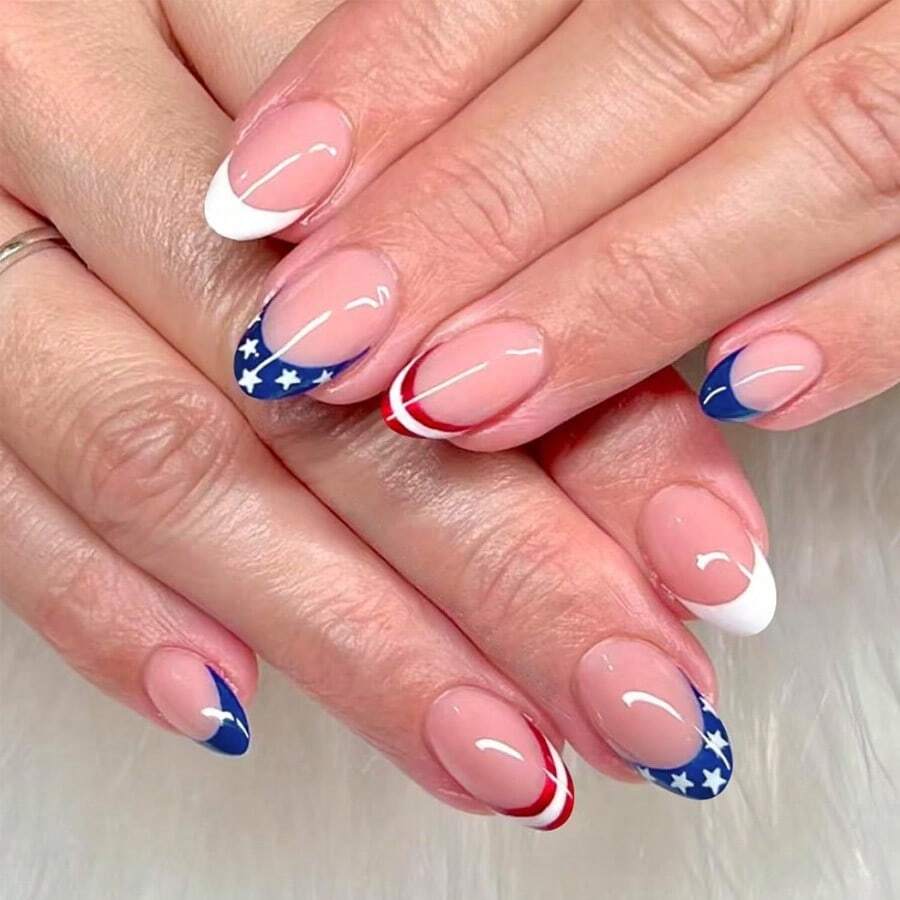 GEOXS24pcs 4th Of July Press On Nails Short Almond Independent Day Fake Nails Glossy False Nails With White Star Design Red Blue French Tip Glue On Nails Full Cover Stick On Nails For Women DIY Manicurez001 - Multicolor - View 1