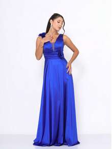 Long Satin Bridesmaid Dress With Flower Detail - Royal Blue - View 3