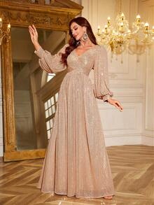 UNITHORSE Women's Elegant Sequin V-Neck Ruched Waist Puff Sleeve Solid Color Luxurious Evening Party Dress, Bride Dress, Birthday Outfits, Graduation Dress, Formal Dress, Gown, For Wedding Guest - 香檳色 - 查看 4