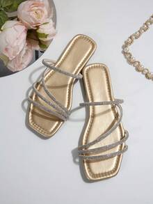Wide Fit Women's Thin Strap Rhinestone Sandals Summer Square Toe Flat Slide Sandals Fashion Outdoor Wear - Gold - View 7