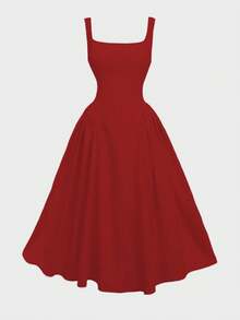 Floreya2025 Spring & Summer Elegant Waist Gathering Camisole Umbrella Dress, Solid Color Dating Dress With Sweet Waist, Bowknot Backdesign, Unique French Style - Red - View 2