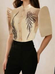 Amyenjoylife Modern Philippine Inspired Blouse, Butterfly Sleeve Stand Collar Printed Puff Sleeve, Spring/Summer