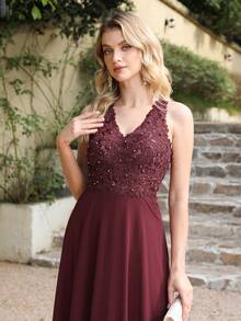 Babyonlinedress BABYONLINE D.R.E.S.S. V-Neck Guipure Lace Insert Chiffon A-Line Prom Bridesmaid Dresses,Formal Wedding Guest Gown, For Graduation, Dinner - 酒紅色 - 查看 6