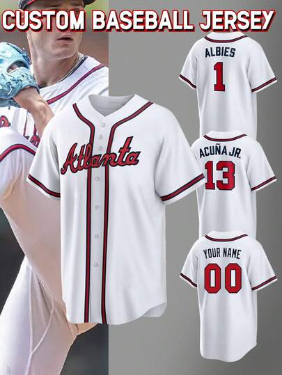 Customized Name & Number Boyfriend Style Men's Embroidered Baseball Jacket, Atlanta White V-Neck Personalized Short Sleeve Button-Down Shirt, Suitable For Party, Game, Training, Sports, Size S-XXL, Fashion, Hippy, Minimalist, Customized Boyfriend Style Christmas Gift For Boyfriend, Friend, Family, Kids, Ideal For Birthday, Christmas, Autumn/Winter