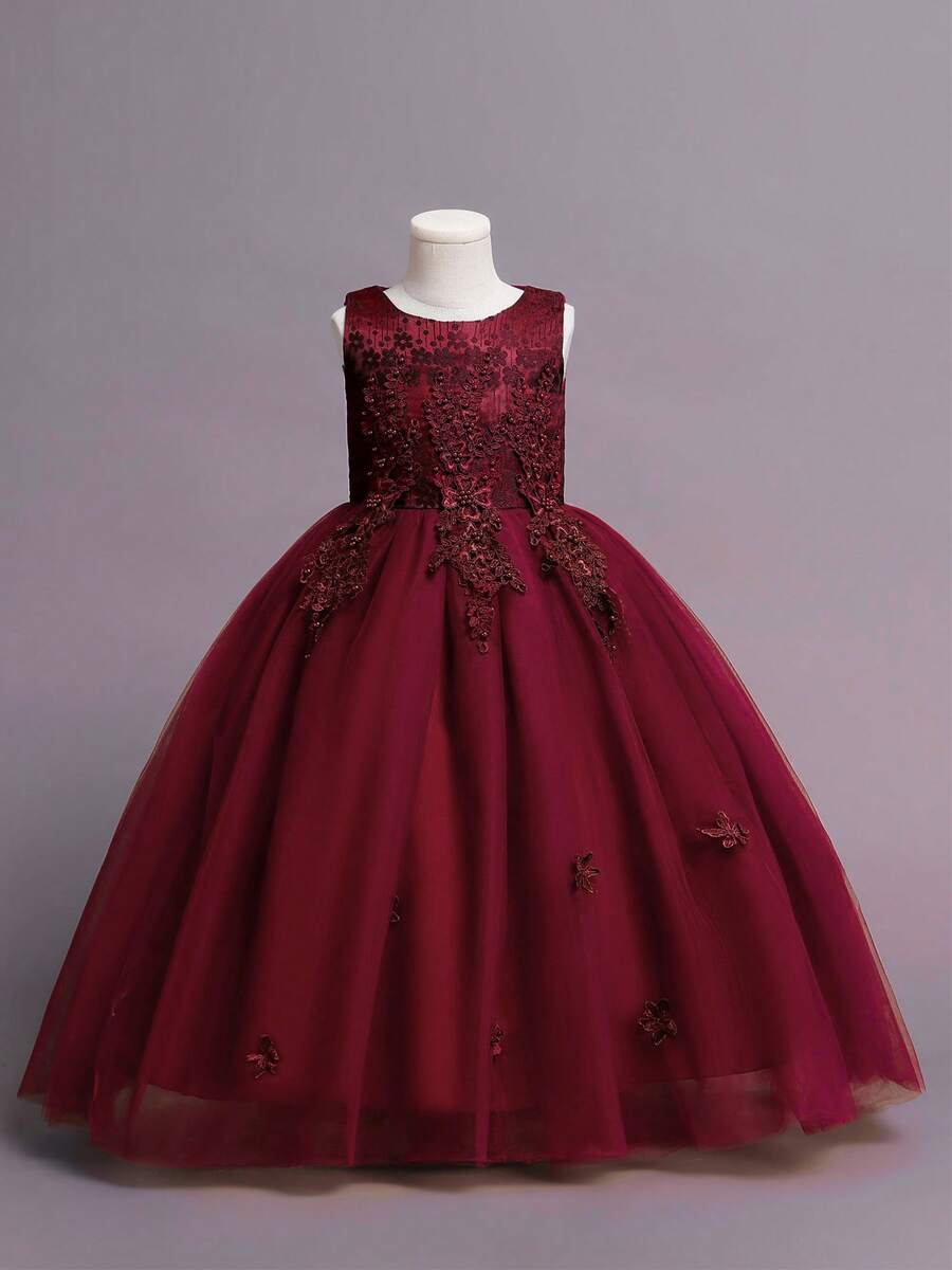 Flower Girl Dress Lace Bridesmaid Dress Kid Wedding Ball Gown Toddler Princess Pageant Evening Dresses - 酒紅色 - 查看 1