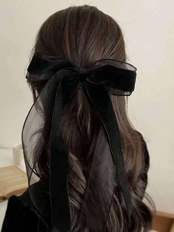1pc Women's Oversized Black Bow Hair Clip With Ribbons, Elegant Polyester Velvet Bowknot Hairpin, Minimalist Style Hair Claw Clip ,Hair Accessory ,School Accessories, Claw Clips, Clips For Hair, Hair Slide, Hair Claws