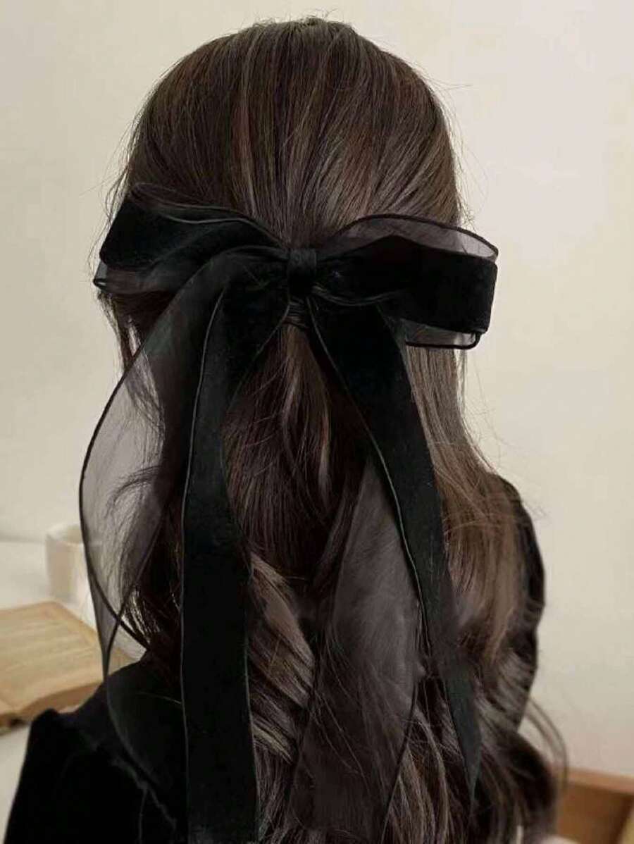 1pc Women's Oversized Black Bow Hair Clip With Ribbons, Elegant Polyester Velvet Bowknot Hairpin, Minimalist Style Hair Claw Clip ,Hair Accessory ,School Accessories, Claw Clips, Clips For Hair, Hair Slide, Hair Claws