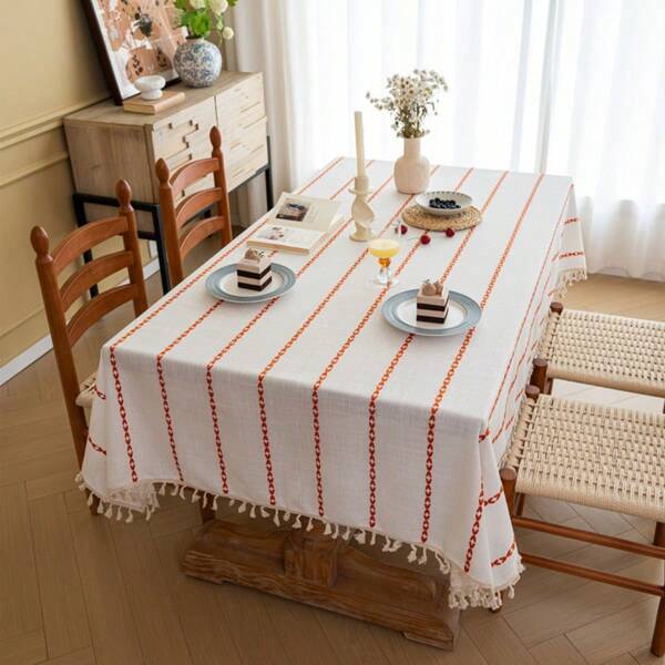 1pc White Woven Jacquard Striped Tablecloth With Tassels