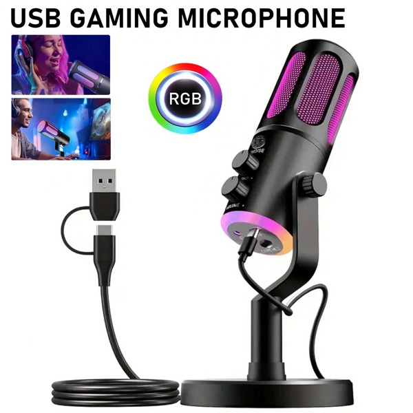 RGB Gaming USB Microphone With RGB Lighting Effect Reverb/One-Click Mute Computer Microphone, Suitable For Computer SmartPhone Microphone For Game Singing Live Recording