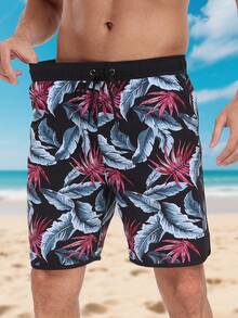 LEDUNTINO [Primavera/Verano] Shorts de 2 en 1 de doble capa con estampado tropical, de moda para hombres, regalo para esposo/novio, cintura elástica, con múltiples bolsillos, para playa/vacaciones - Negro - Ver 7