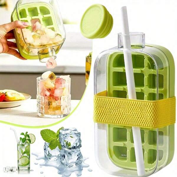 Máquina de gelo e garrafa de água 2 em 1 - Bandeja de gelo com botão de pressão de 800 ml/27 oz, sem contato, com canudo e prensador integrado, plástico durável, portátil para casa, festa na piscina e esportes ao ar livre, ideal para coquetéis e bebidas geladas, design transparente