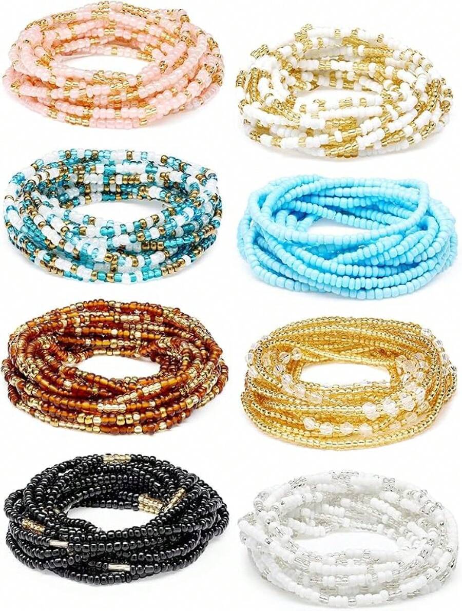 8 Pieces 50 Inch Waist Beads African Belly Chain Plus Size Belly Body Beads For Women Colorful Waist Jewelry Accessories2025 - 復古風格 - 查看 1