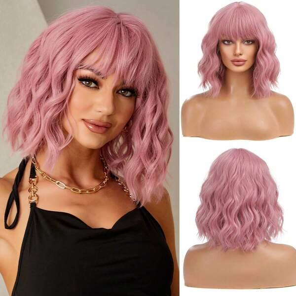 Perruque courte ondulée rose avec frange, longueur aux épaules, style bouclé et ondulé, matière synthétique, idéale pour les femmes, perruque de cosplay