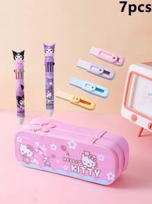 Sanrio Set de 7 piezas - Estuche/caja de lápices de gran capacidad de doble capa de Sanrio, que incluye 1 caja de artículos de papelería, 2 bolígrafos, 4 gomas de borrar de presión, Set de caja de artículos de papelería de Kuromi, un gran regalo para volver a la escuela para niños