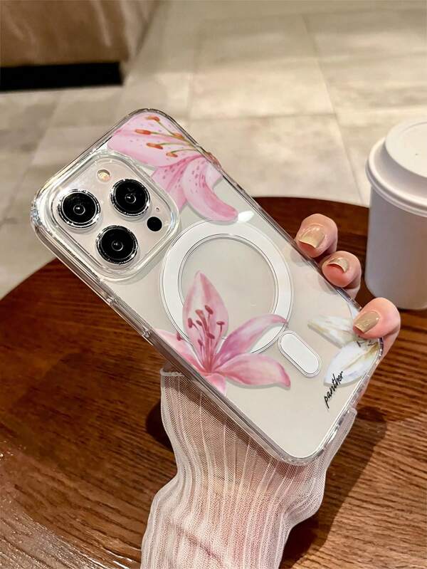1pc 3-Piece Lily Flower Design Magnetic Wireless Charging Transparent Anti-Fall Mobile Phone Case, Soft+Hard Material, Suitable As Holiday Gift For IPhone 14/15/16 Pro/Pro Max/Plus, Anti-Fingerprint & Scratch Transparent Glossy Cover