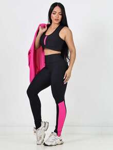 TRIO - 3 Piece Fitness Kit Bomber Jacket + Top + Dry Fit Pants - Hot Pink - View 3
