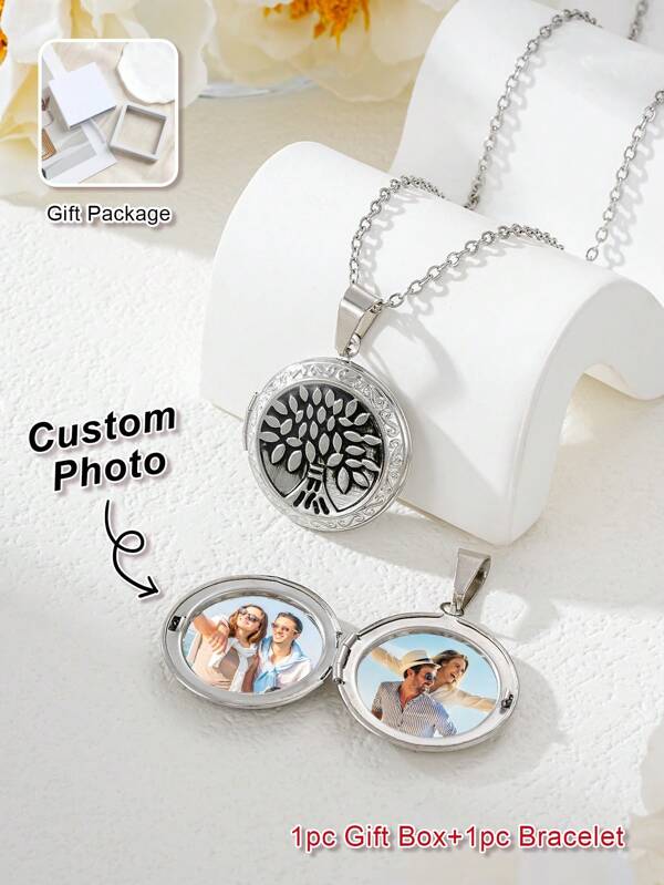 Customized Photo Necklace, Silver Stainless Steel Life Tree Pendant Necklace, Suitable For Daily Wear, Birthday Gift, Easter Gift, Thanksgiving Gift, Pet Memorial Gift, Anniversary Gift, Graduation Gift