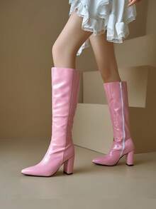 2024 Autumn New Fashion Western Pointed Toe High Heel Ankle Boots For Women, Chunky Heel, Side Zipper, Suitable For Nightclub, Pole Dancing - Pink - View 4
