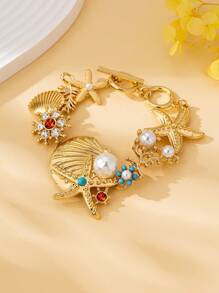 1 Set de elegante joyería de moda: Collar de coral, estrella de mar y concha, pulsera, pendientes con incrustaciones de perlas falsas, rhinestones, joyería bohemia, adecuada para regalos, mujeres, vacaciones y todas las ocasiones