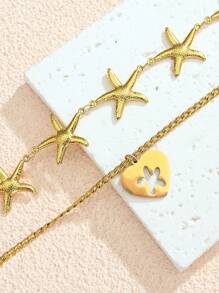 2er Set Halskette mit Edelstahl, goldplattierter Muschel, Niet Herz, Blume, Stern, Kreuz, Kunstperle, handgefertigt, für Damen geeignet für Alltag, Strand, Party, Urlaub, als Geschenk für Freunde
