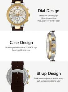 Versace Men's Quartz Watch,Brown Leather Strap Wrist Watch With Gold-Tone Steel Case,Watch Gift For Men,VEPY00220